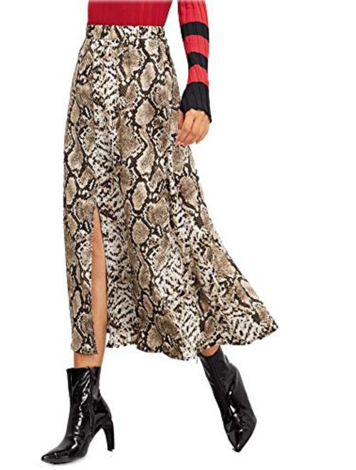 Romwe Women's Long Mid Waist Animal Snake Skin Graphic Print A Line Split Skirt