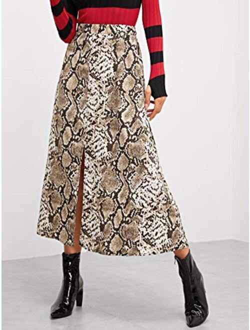 Romwe Women's Long Mid Waist Animal Snake Skin Graphic Print A Line Split Skirt