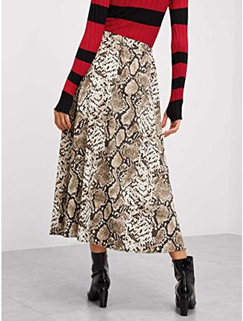 Romwe Women's Long Mid Waist Animal Snake Skin Graphic Print A Line Split Skirt