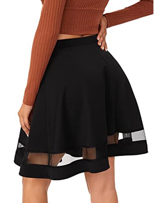 Romwe Women's High Stretchy Midi Skater Skirts Mesh A Line Flared Party Skirts