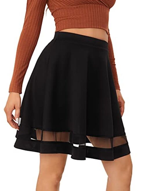 Romwe Women's High Stretchy Midi Skater Skirts Mesh A Line Flared Party Skirts