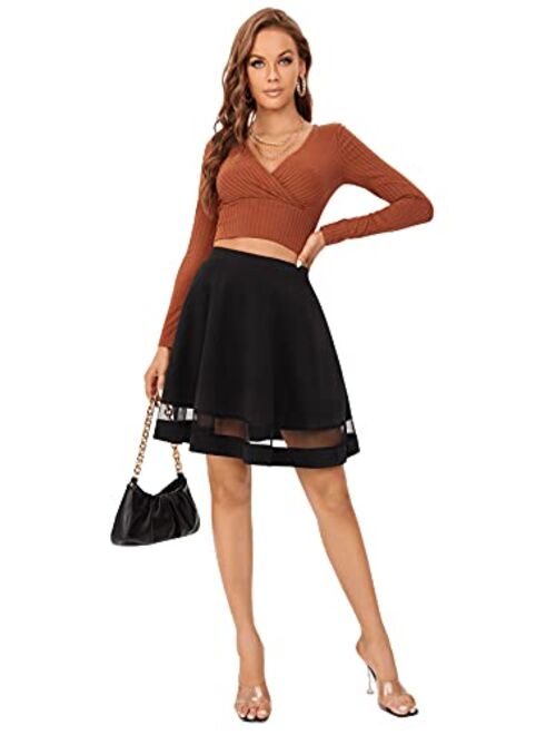 Romwe Women's High Stretchy Midi Skater Skirts Mesh A Line Flared Party Skirts