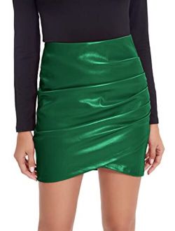 Women PU Leather Bodycon Short Skirt Asymmetrical Tulip Hem Ruched Wrap Skirt