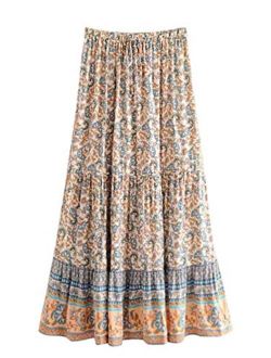 Women's Boho Vintage Floral Print Tie Waist A Line Maxi Skirts