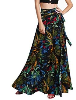 Women's Bohemian Wrap Slit Beach Skirt Tropical Floral Self Tie Long Maxi Skirt