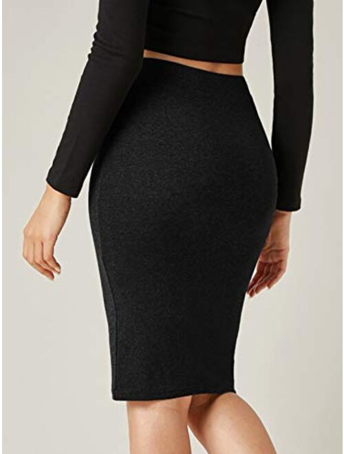 Milumia Women's Basic Stretchy Elastic High Waisted Bodycon Pencil Knee Length Skirt