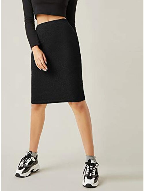 Milumia Women's Basic Stretchy Elastic High Waisted Bodycon Pencil Knee Length Skirt
