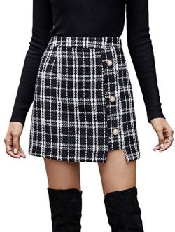 Women Elegant Plaid Button Front Mini Skirt High Waist Straight Tweed Skirt