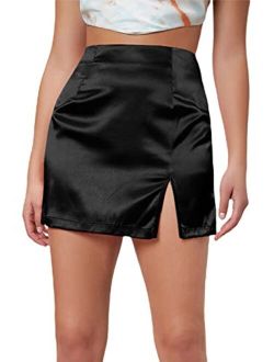 Women's Satin Skirt Split Hem Zipper Hight Waisted Straight Mini Pencil Skirts