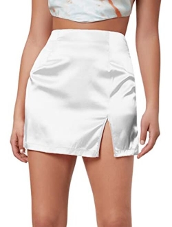 Milumia Women's Satin Skirt Split Hem Zipper Hight Waisted Straight Mini Pencil Skirts
