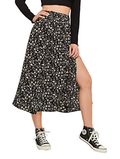 Milumia Women Boho Floral Print High Waist Vacation Split Thigh Long Maxi Skirt