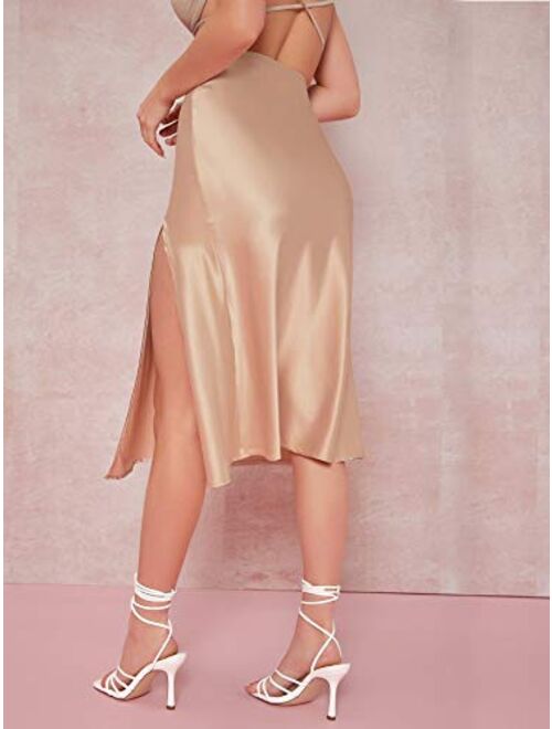Milumia Women High Waisted Satin Midi Skirt High Split Side Zipper Solid Skirt