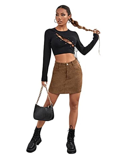 Milumia Women High Waisted Mini Skirt Button Front Solid Suede Skirt with Pockets