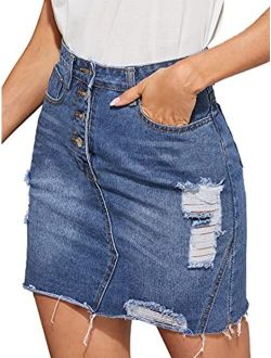 Women's High Waisted Ripped Jean Skirt Button Front Raw Hem Mini Denim Skirt
