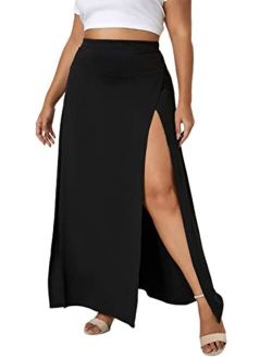 Women's Plus Size High Waist Double Split Thigh Solid Maxi Long Skirts Beach Cover