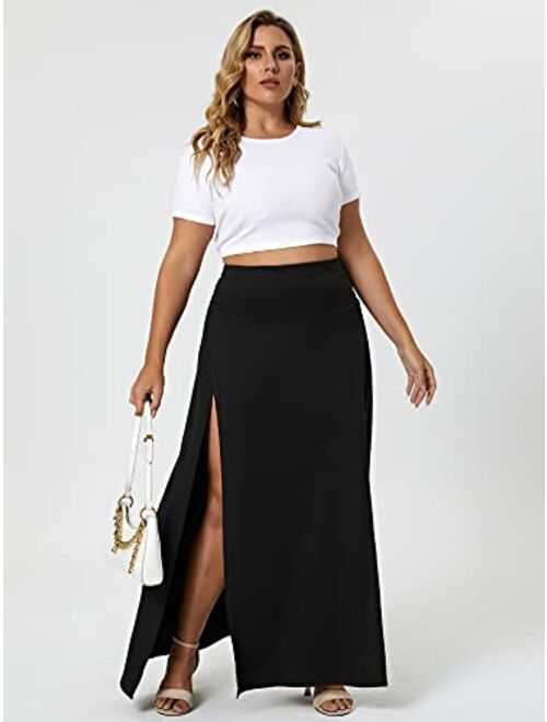 Romwe Women's Plus Size High Waist Double Split Thigh Solid Maxi Long Skirts Beach Cover