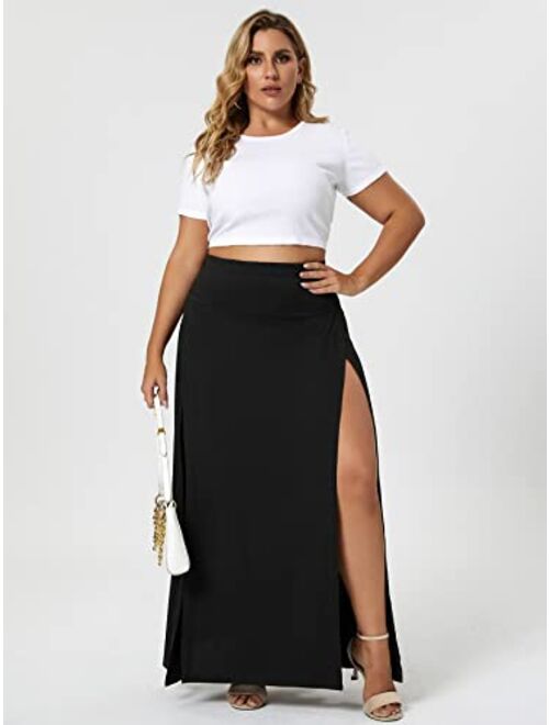Romwe Women's Plus Size High Waist Double Split Thigh Solid Maxi Long Skirts Beach Cover