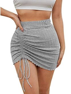Women's Drawstring Knot Side Lettuce Trim Rib-Knit Elegant Cotton Bodycon Mini Skirt