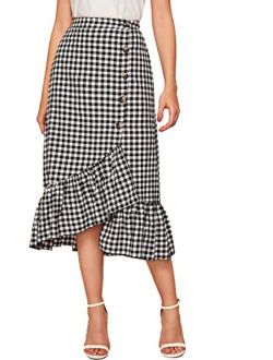 Women Casual High Waist Asymmetrical Button Ruffle Hem Gingham Plaid Midi Skirt