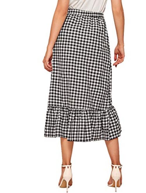 Milumia Women Casual High Waist Asymmetrical Button Ruffle Hem Gingham Plaid Midi Skirt