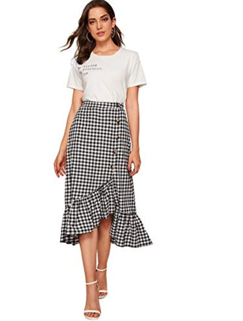 Milumia Women Casual High Waist Asymmetrical Button Ruffle Hem Gingham Plaid Midi Skirt