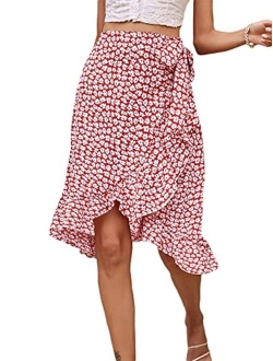 Women's Boho Floral Print Asymmetrical Ruffle Hem Knot Side Wrap Skirt