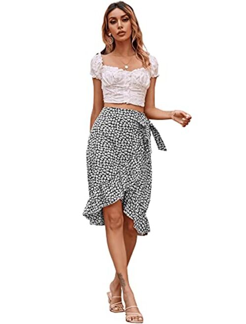 Milumia Women's Boho Floral Print Asymmetrical Ruffle Hem Knot Side Wrap Skirt