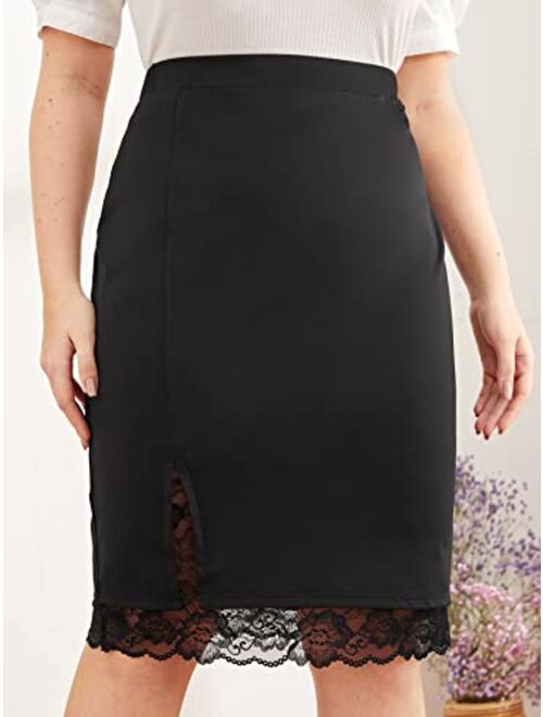 Milumia Women's Plus Size Elegant Lace Trim Split Hem Knee Length Midi Pencil Skirt