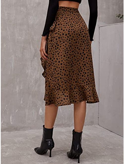 Milumia Women's Asymmetrical Ruffle Hem Wrap Skirt Dalmatian Print Knotted Midi Skirt