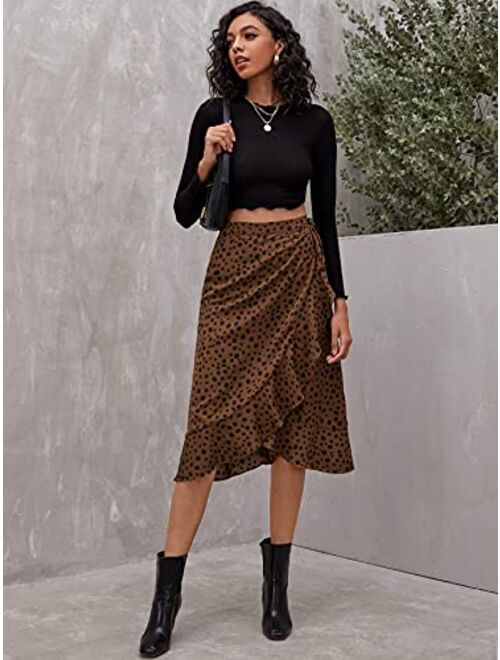 Milumia Women's Asymmetrical Ruffle Hem Wrap Skirt Dalmatian Print Knotted Midi Skirt