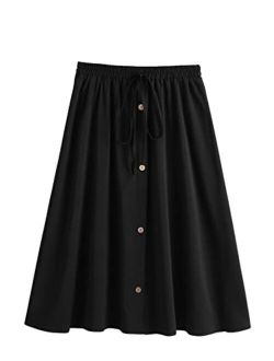 Women's Plus Size Button Front Knot Elastic Waist A Line Basic Midi Skirt