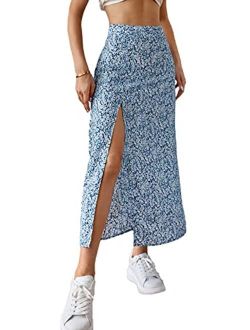 Women's Boho Floral Print High Waist High Side Split Maxi Skirt
