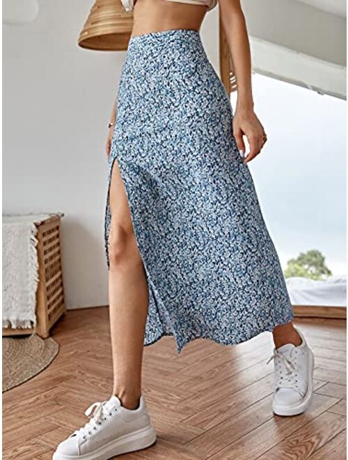 Milumia Women's Boho Floral Print High Waist High Side Split Maxi Skirt