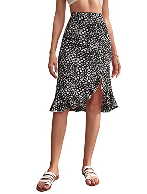 Milumia Women's Boho Floral Print Asymmetrical Ruffle Hem Zip Up Knee Length Skirt