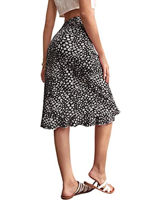Milumia Women's Boho Floral Print Asymmetrical Ruffle Hem Zip Up Knee Length Skirt