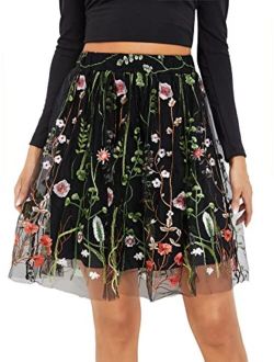 Women Elegant Floral Embroidery Mesh High Waist A Line Flared Party Short Skirt