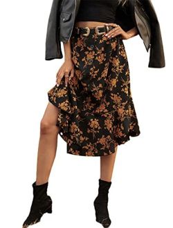 Women Boho Floral High Waist Button Front Ruffled A Line Midi Skirt