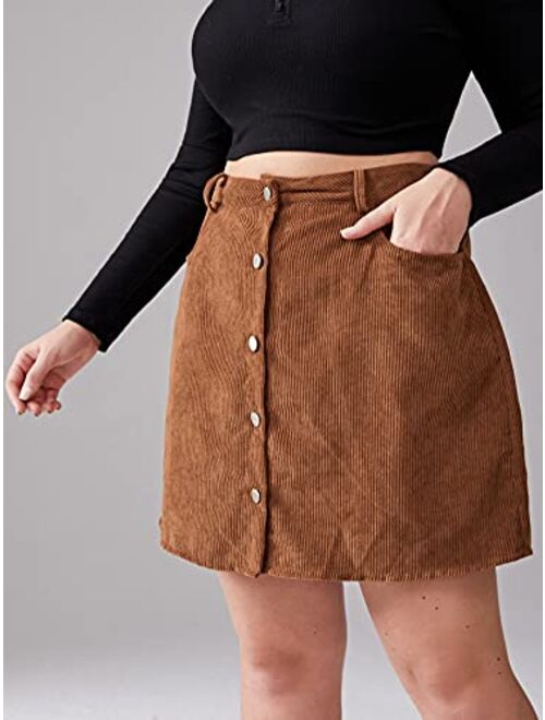 Milumia Women's Plus Size Corduroy Skirt with Pocket Button Front Short Skirt