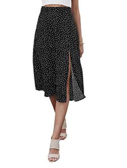 Women Casual Polka Dot Print High Waist Vacation Split Hem Midi Skirt