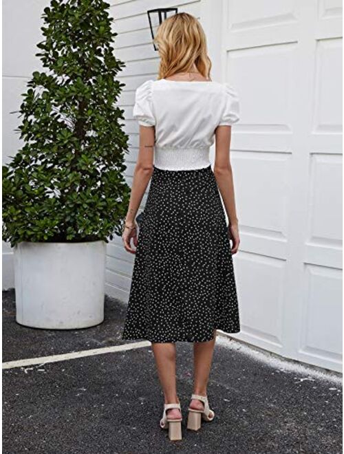 Milumia Women Casual Polka Dot Print High Waist Vacation Split Hem Midi Skirt