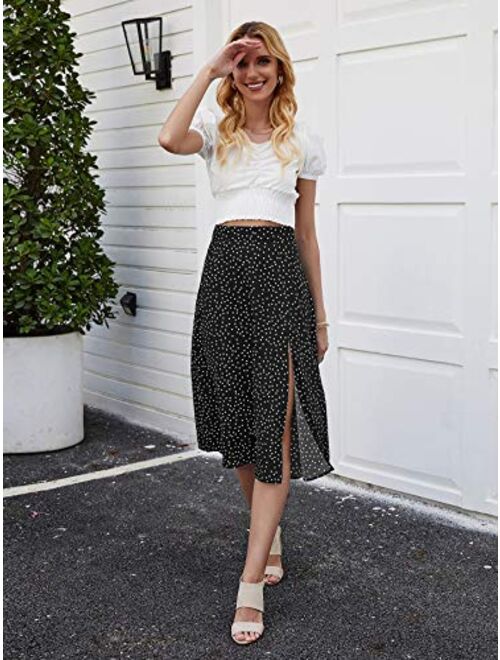 Milumia Women Casual Polka Dot Print High Waist Vacation Split Hem Midi Skirt