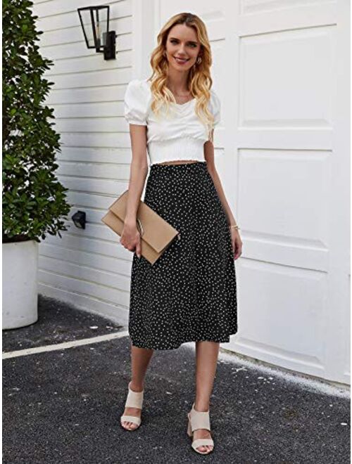 Milumia Women Casual Polka Dot Print High Waist Vacation Split Hem Midi Skirt