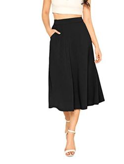 Women's Casual High Waist A Line Midi Skirt Solid Swing Skirt with Pocket