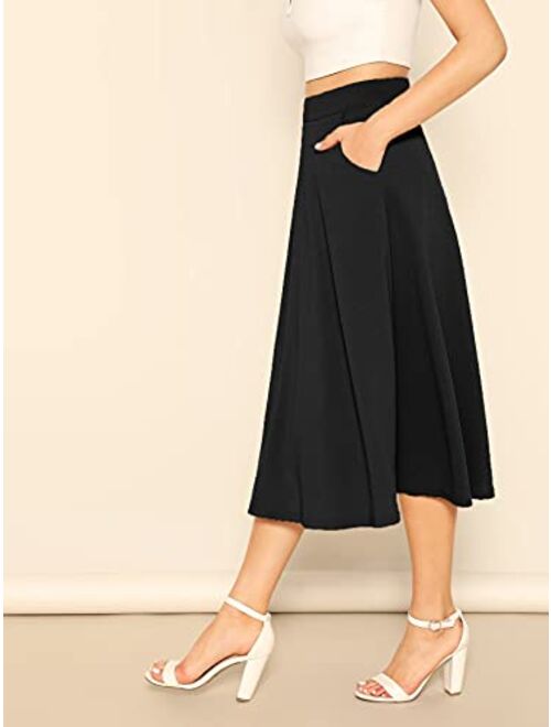 Milumia Women's Casual High Waist A Line Midi Skirt Solid Swing Skirt with Pocket
