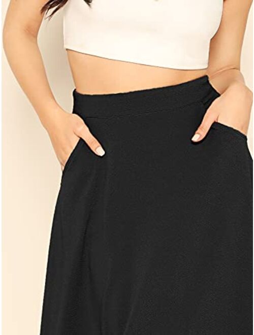 Milumia Women's Casual High Waist A Line Midi Skirt Solid Swing Skirt with Pocket