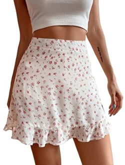 Women's High Waist Ruffle Hem Ditsy Floral Cute A Line Mini Skirt