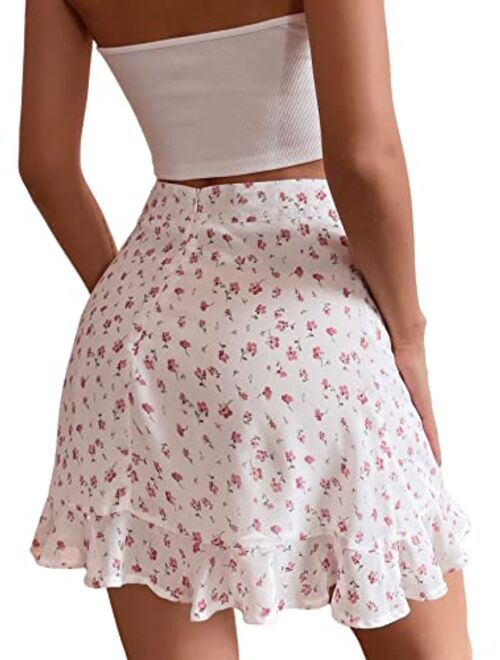 SweatyRocks Women's High Waist Ruffle Hem Ditsy Floral Cute A Line Mini Skirt