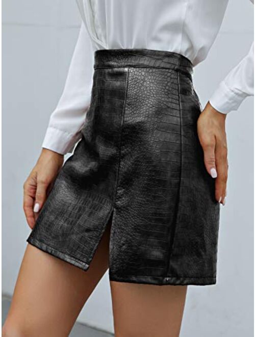Milumia Women Elegant PU Leather Short Skirt Split Hem Zip Back Solid Mini Skirt