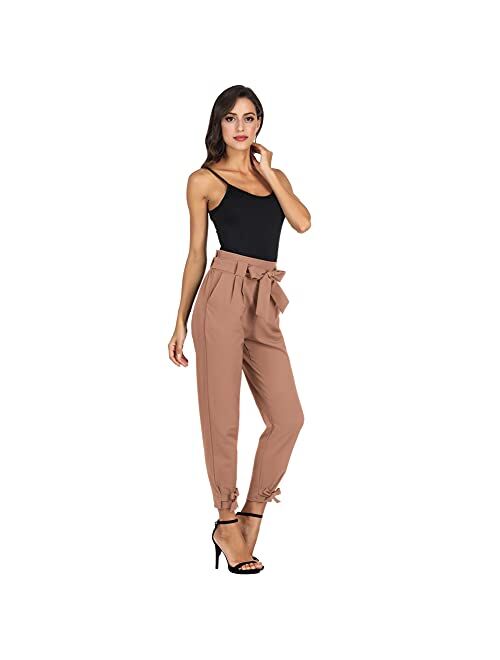 GRACE KARIN Women's Casual Pants Solid High Waist Self Tie Belted Pencil Trouser