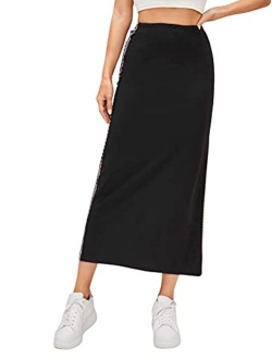 Women's Casual High Waist Solid Split Side Rib Knit Midi Skirt